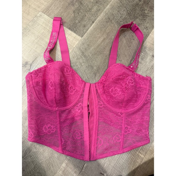Juicy Couture Tops - Juicy Couture Hot Pink Lace Corset Bra - Rhinestone Logo Straps - Size 38C